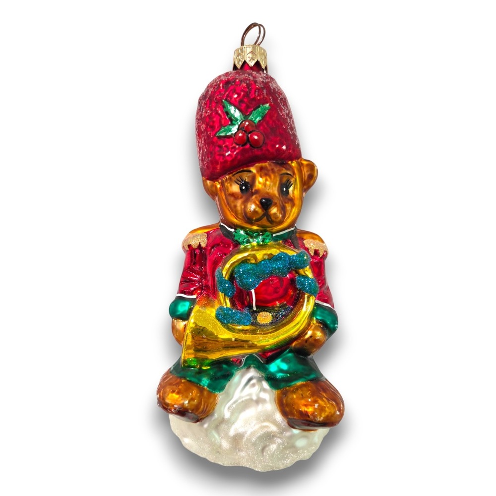 Christopher Radko Glass Teddy Bear Teddy Tunes Christmas Ornament French Horn 7"